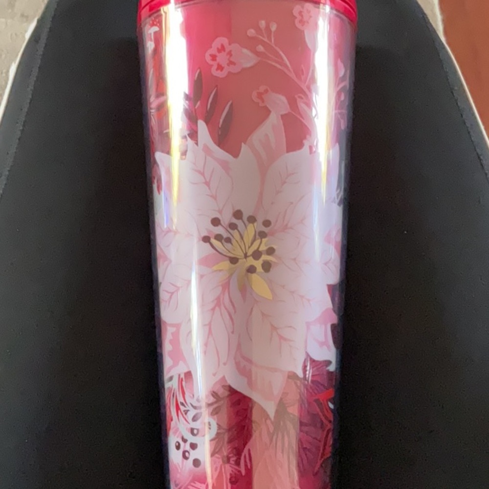 Starbucks Red Tumbler with Nature and poinsettias Design